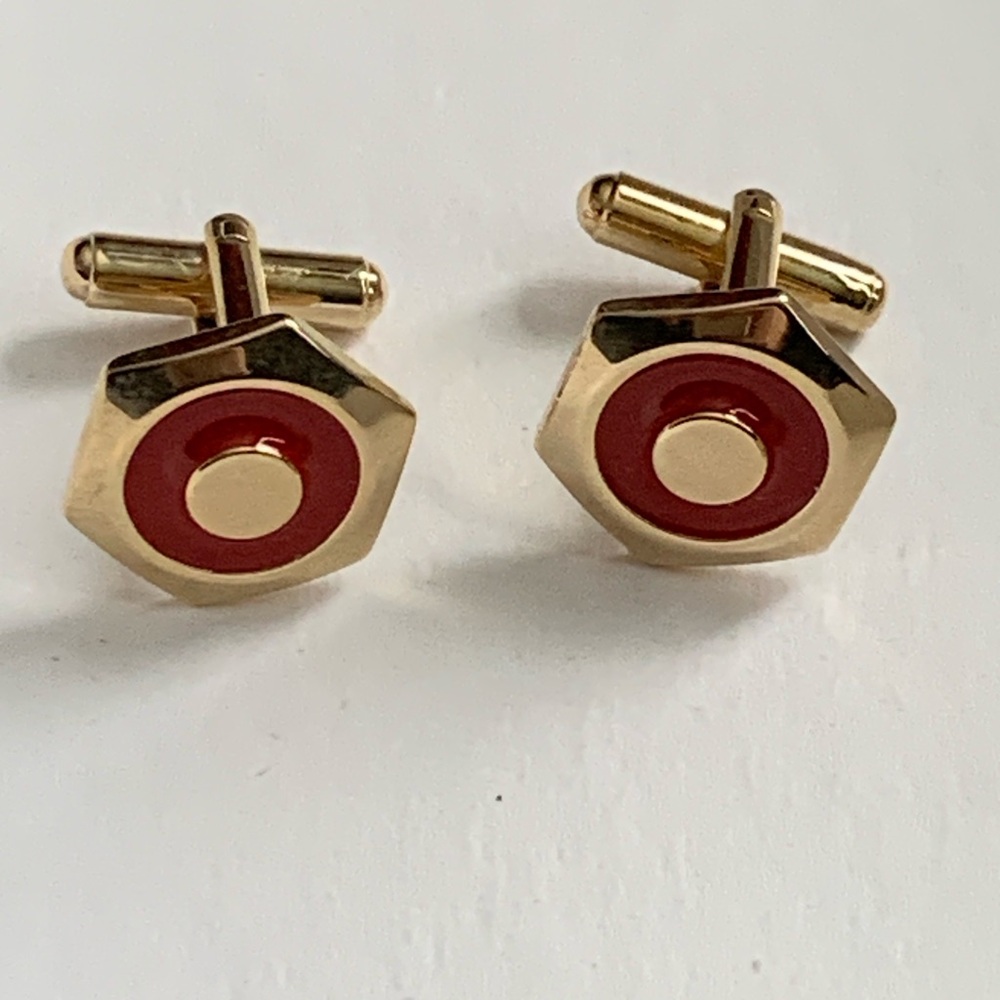Vintage Gold Tone & Red Enamel Hexagon Cufflinks — Bold Mod Style